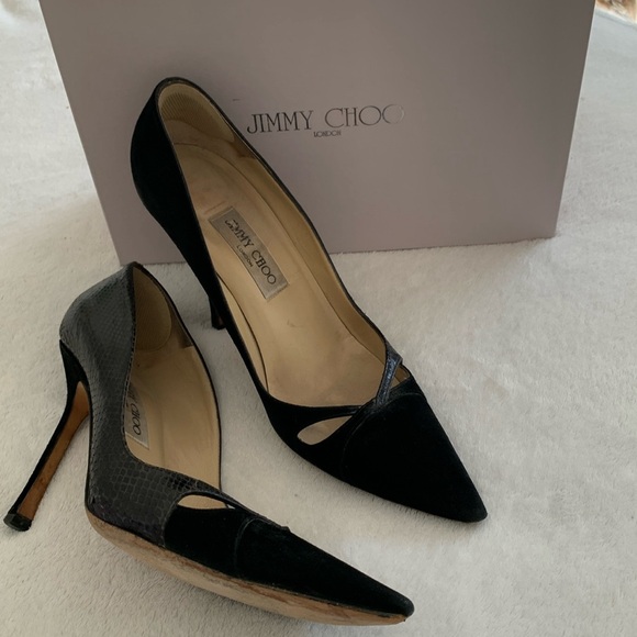 Jimmy Choo black suede watersnake skin pumps - Picture 1 of 17